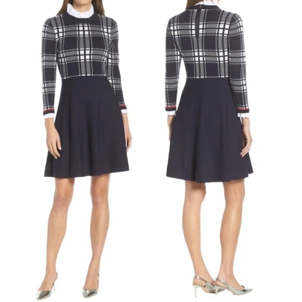 NWT 1901 Plaid Bodice Long Sleeve Preppy Sweater Dress Navy Blue Size Large NEW